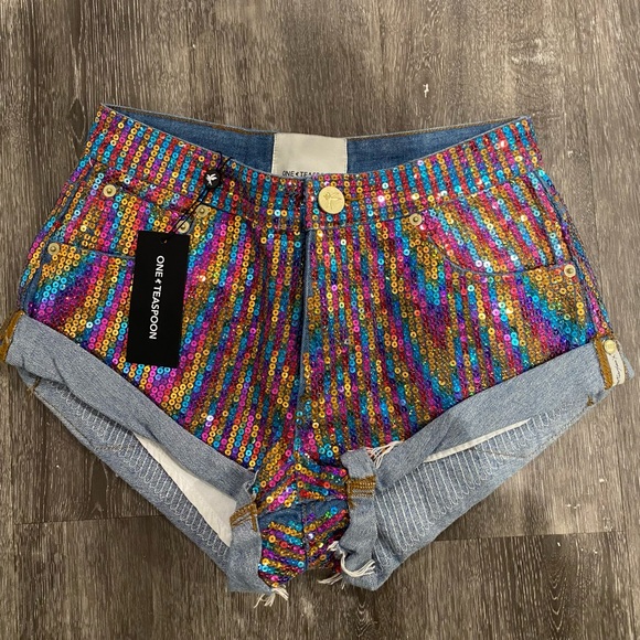 One Teaspoon Rainbow Sequin Low Waist Bandit Denim Short! Brand